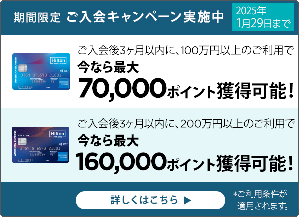 期間限定 ご入会キャンペーン実施中 2025年1月29日まで ご入会後3ヶ月以内に、100万円以上のご利用で 今なら最大 70,000ポイント獲得可能！ ご入会後3ヶ月以内に、200万円以上のご利用で 今なら最大 160,000ポイント獲得可能！ 詳しくはこちら ▶ *ご利用条件が適用されます。