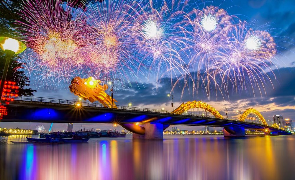 Da Nang, Vietnam - December 12th 2019: Fireworks to celebrate new year at Dragon bridge which is a very famous place of Da Nang city.